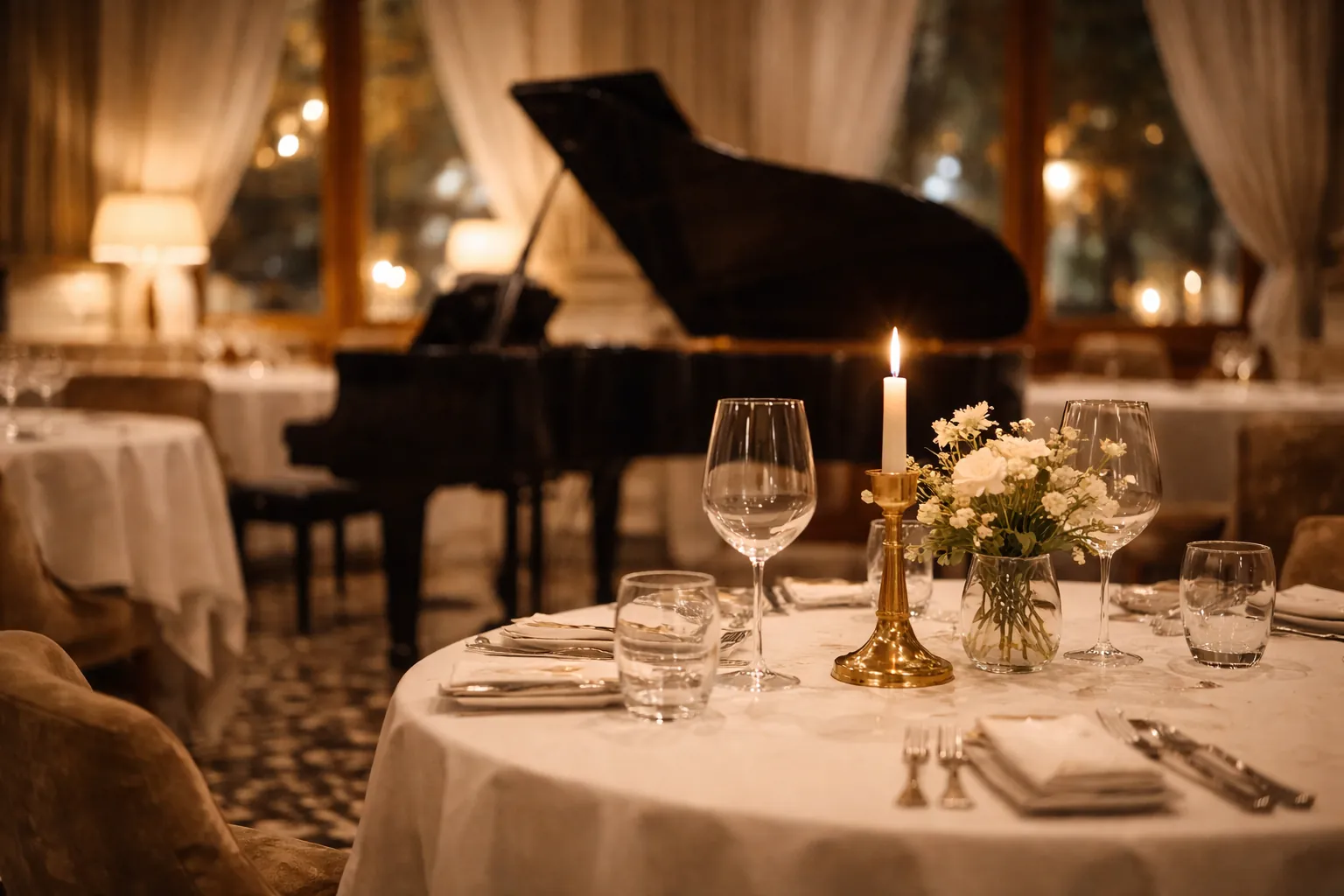 Immagine finale: dettaglio atmosfera lounge (tavolo elegante, luci soffuse, pianoforte sullo sfondo)