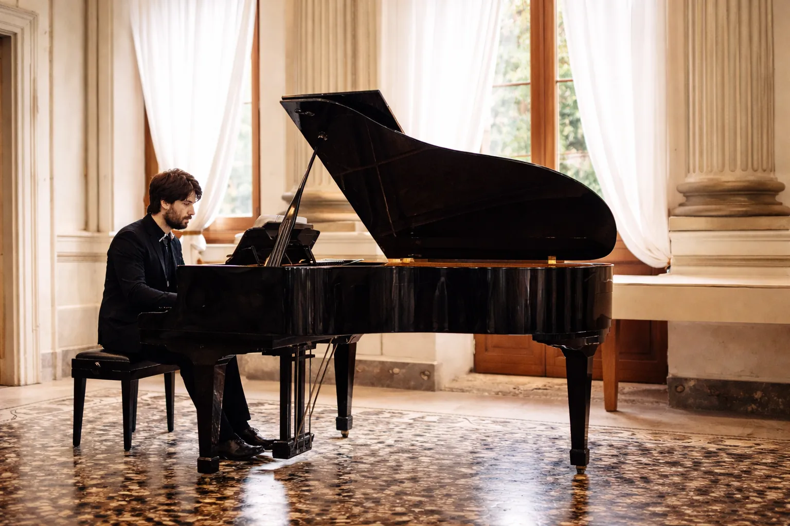 Immagine hero: pianista al piano in ambiente raffinato, luce calda e atmosfera lounge premium