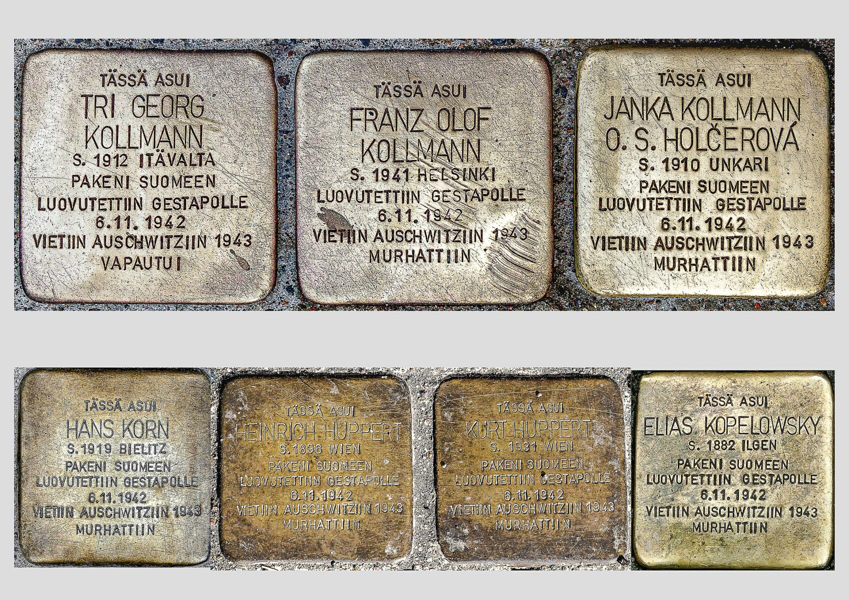 Sette piccole targhe quadrate in ottone incastonate nel marciapiede a Helsinki.