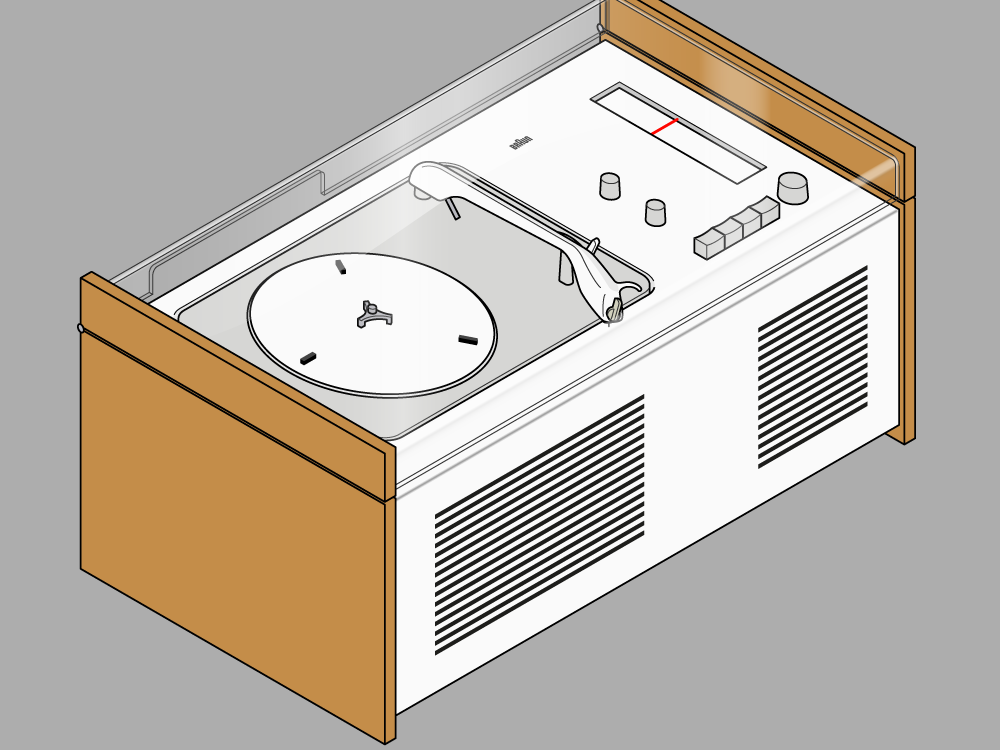 Radiofonografo Braun SK 4 bianco e legno con coperchio trasparente aperto.