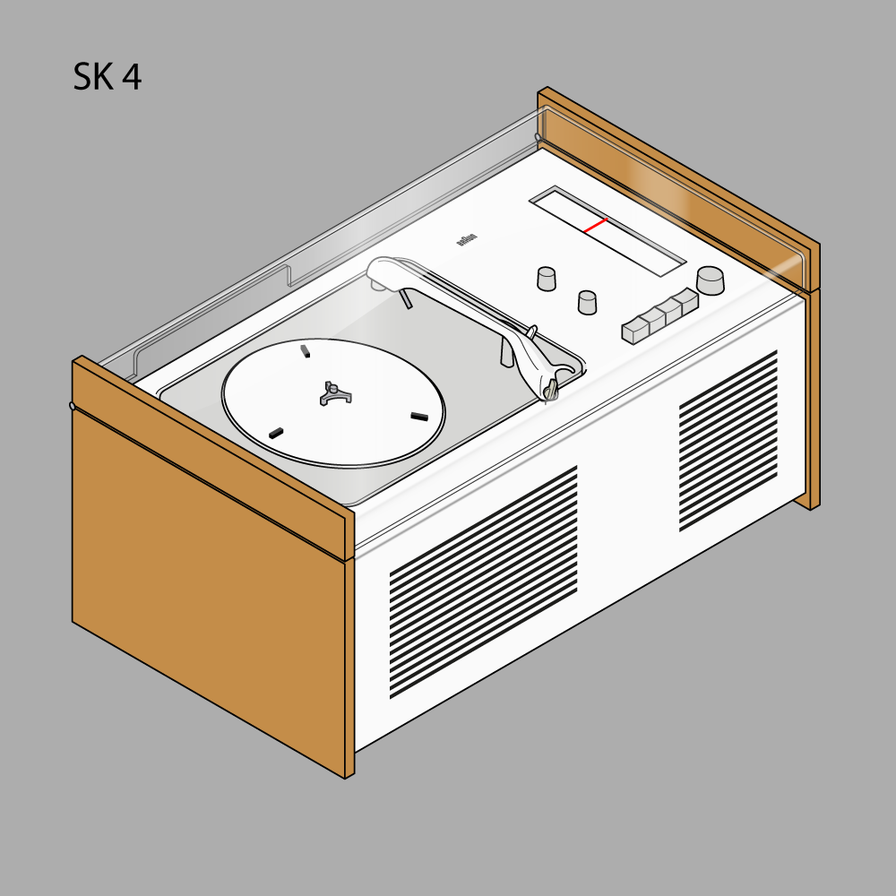 Radiofonografo Braun SK 4 bianco e legno con coperchio trasparente aperto.